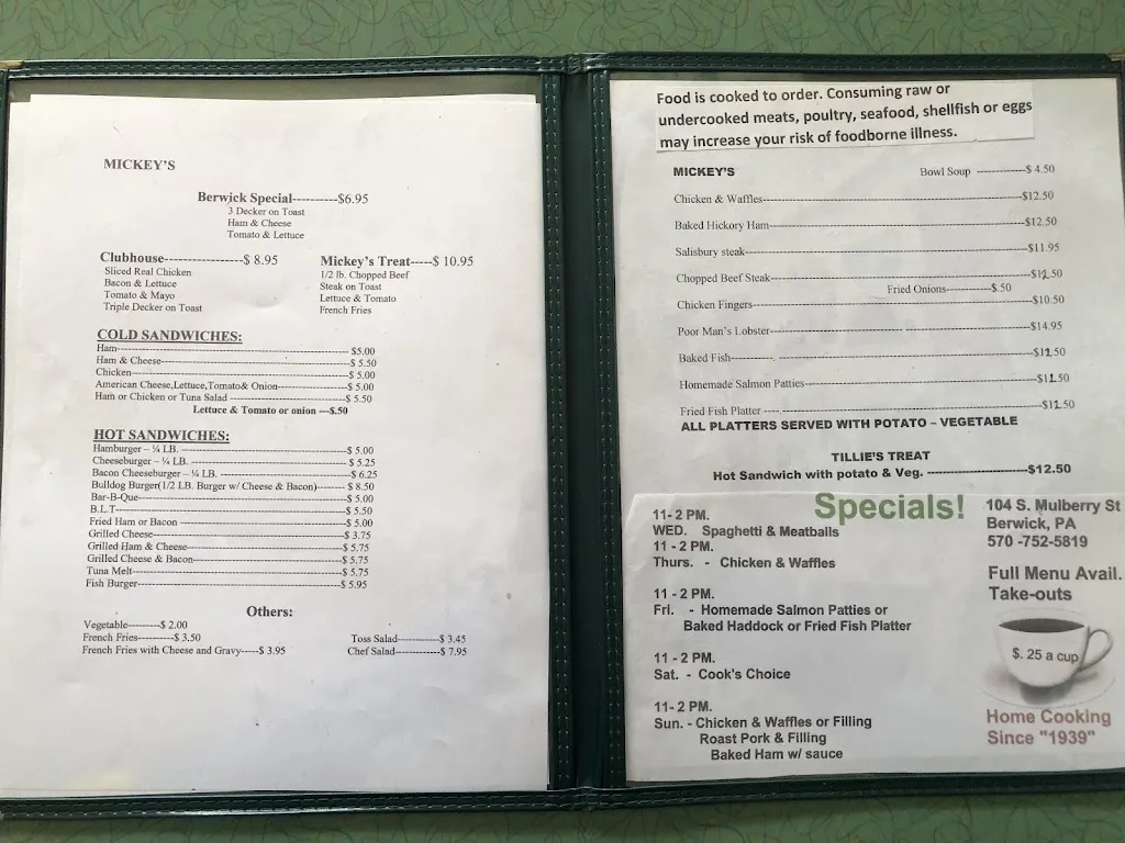 Menu_Mickey's Restaurant_Berwick, PA_image_old_1