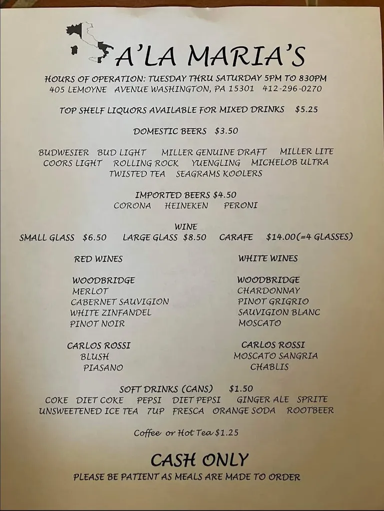 Menu_Ala Maria’s_Washington, PA_image_old_1