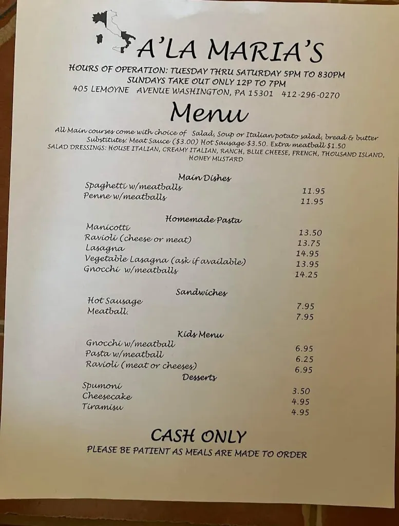 Menu_Ala Maria’s_Washington, PA_image_old_2