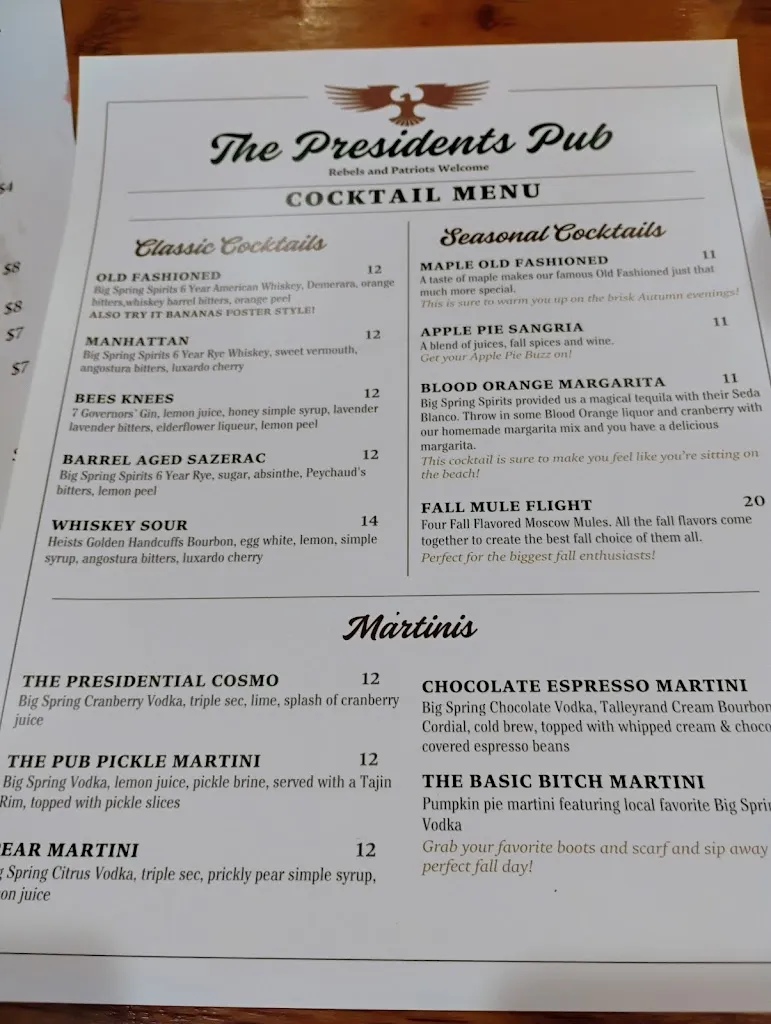 Menu_The Presidents Pub_Washington, PA_image_old_1