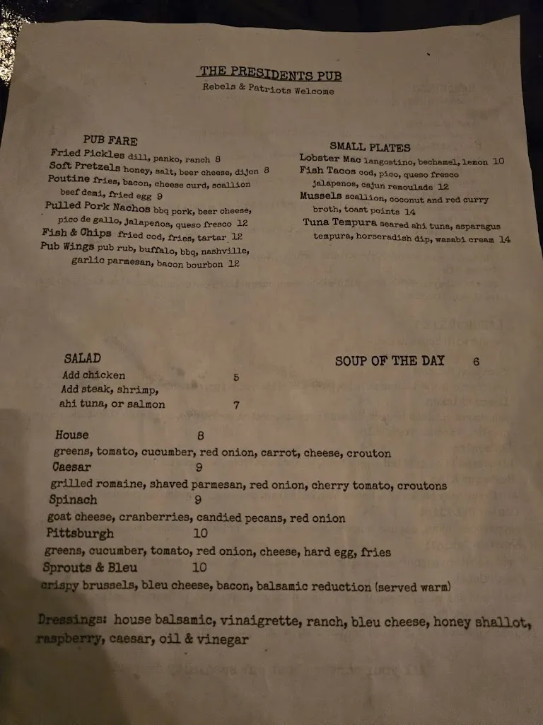 Menu_The Presidents Pub_Washington, PA_image_old_3