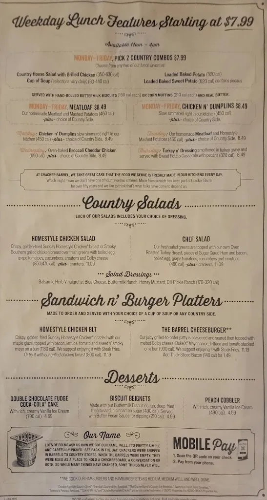 Menu_Cracker Barrel Old Country Store_Washington, PA_image_old_2