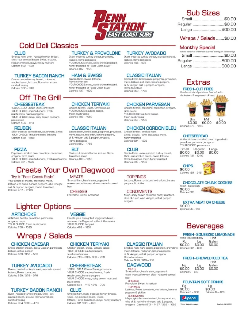 Menu_Penn Station East Coast Subs_Washington, PA_image_old_2