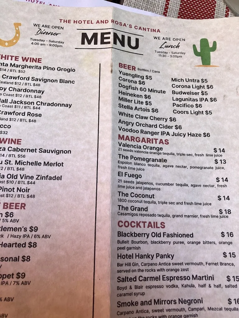 Menu_The Hotel and Rosa's Cantina_Sewickley, PA_image_old_2