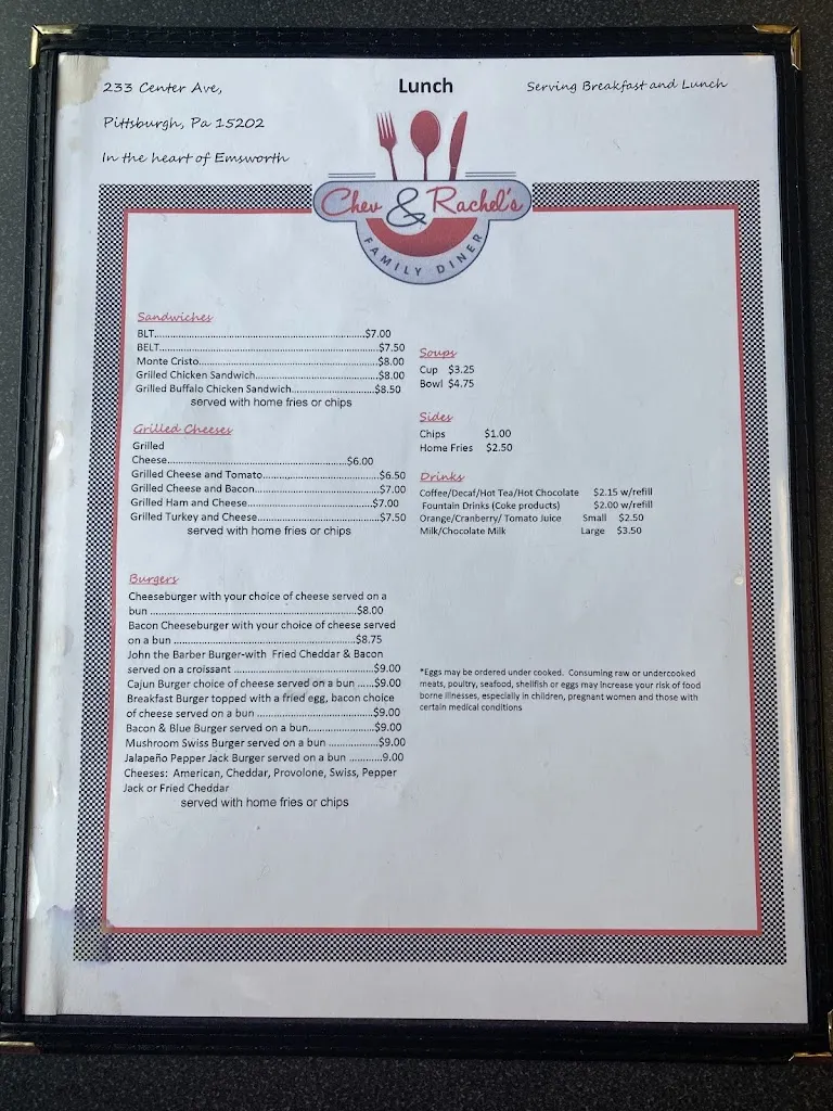 Menu_Chev & Rachel's Family Diner_Emsworth, PA_image_old_2