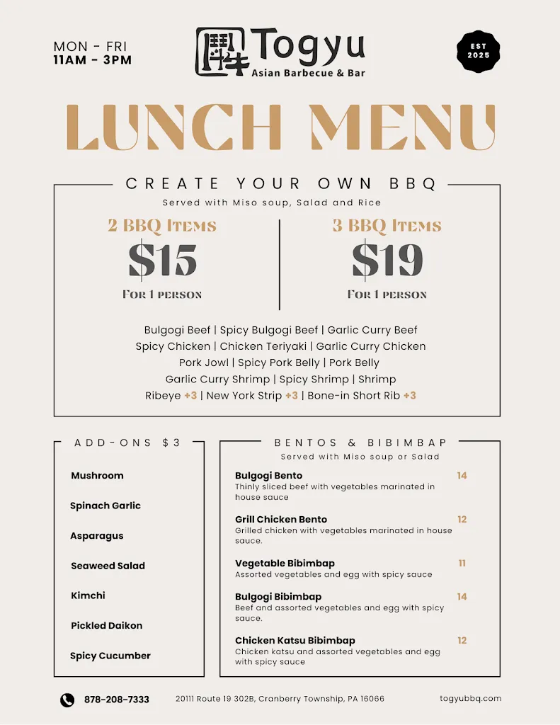 Menu_Togyu Asian BBQ & Bar_Cranberry Twp, PA_image_old_1