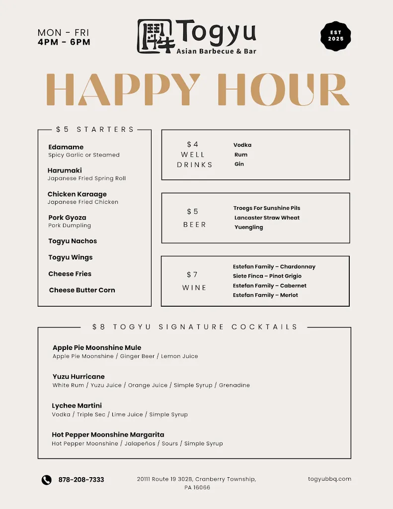 Menu_Togyu Asian BBQ & Bar_Cranberry Twp, PA_image_old_2