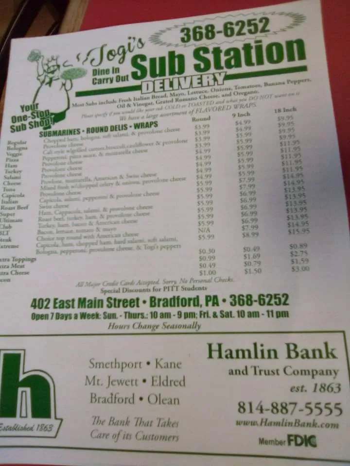 Menu_Togi's Sub Station_Bradford, PA_image_old_1