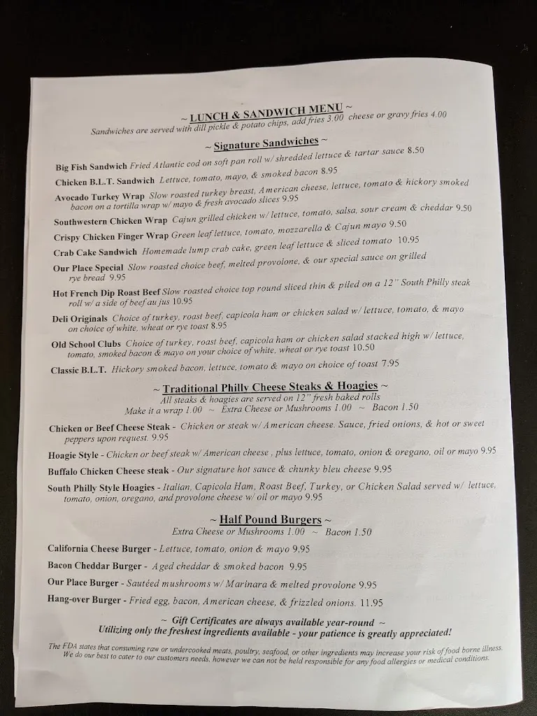 Menu_Our Place Restaurant & Tavern_Gilbertsville, PA_image_old_1