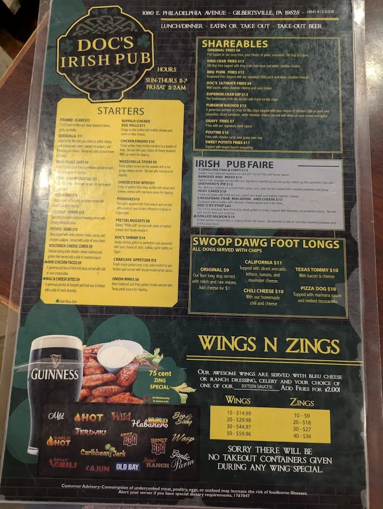 Menu_Doc's Irish Pub_Gilbertsville, PA_image_old_2