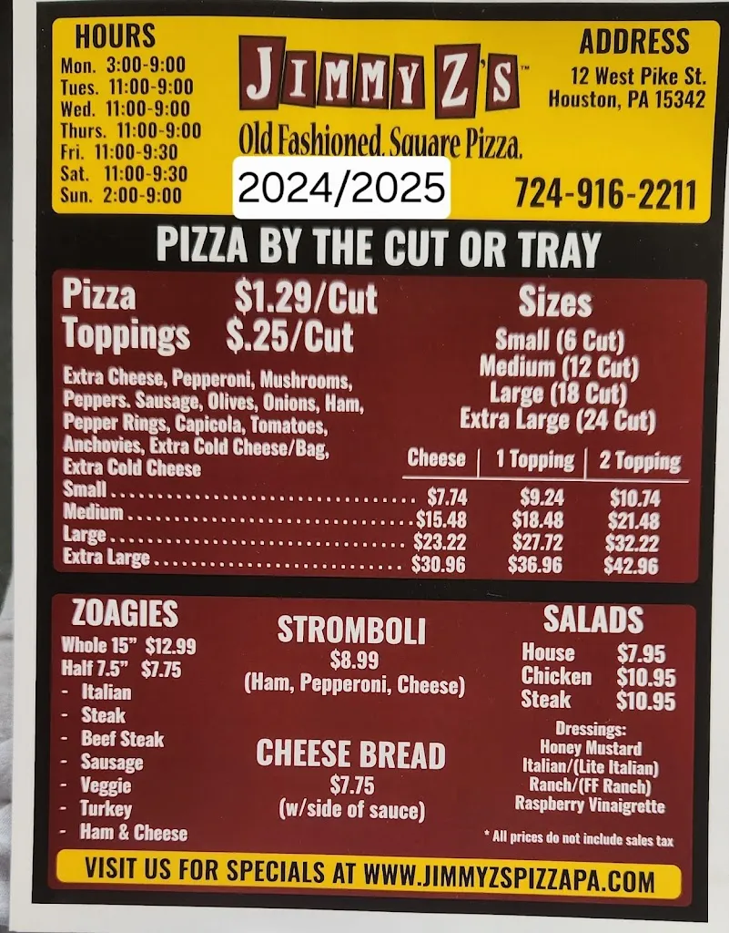 Menu_Jimmy Z's Pizza_Houston, PA_image_old_1