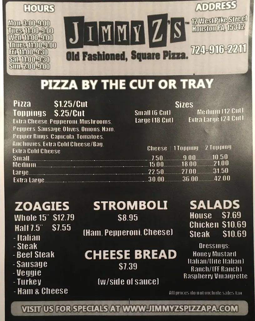 Menu_Jimmy Z's Pizza_Houston, PA_image_old_2