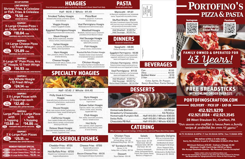 Menu_Portofino's Pizza & Pasta_Crafton, PA_image_old_2