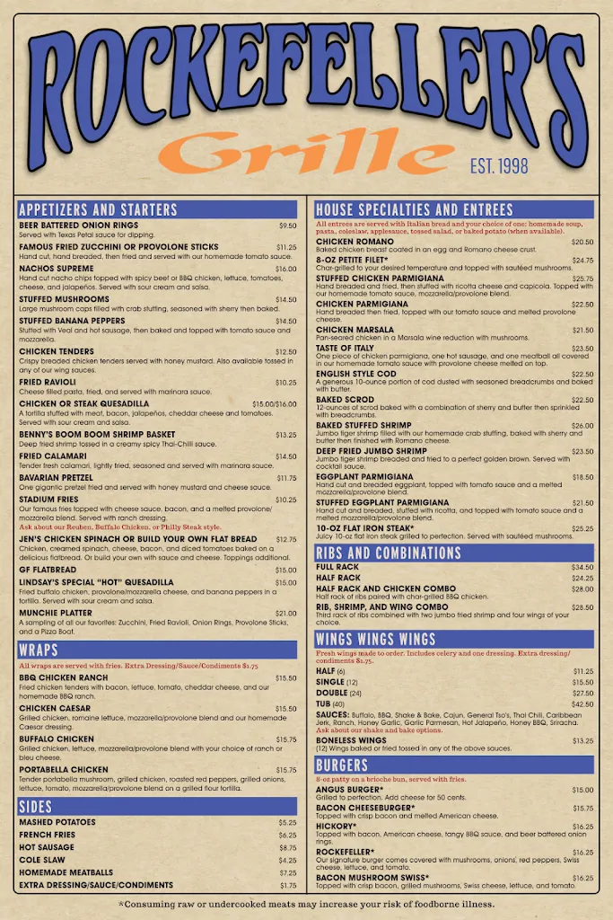 Menu_Rockefeller's Grille_McKees Rocks, PA_image_old_2