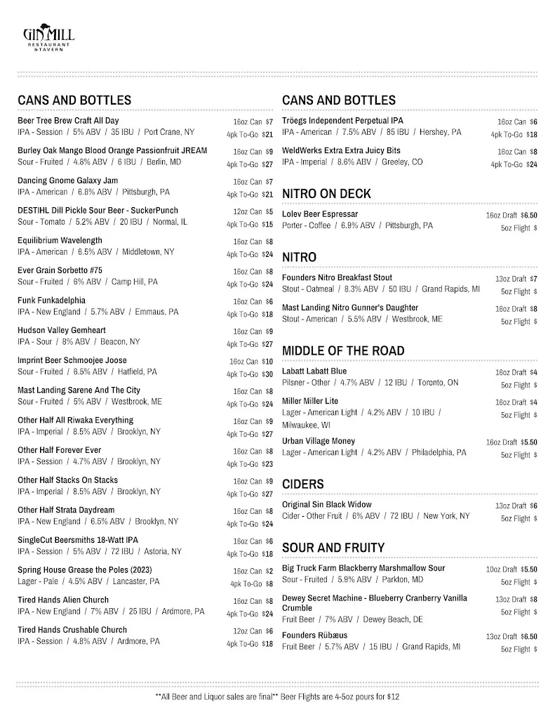 Menu_Gin Mill_Lebanon, PA_image_old_1
