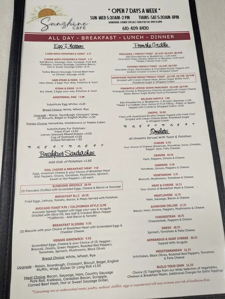 Menu_Sunshine Café_Royersford, PA_image_old_1