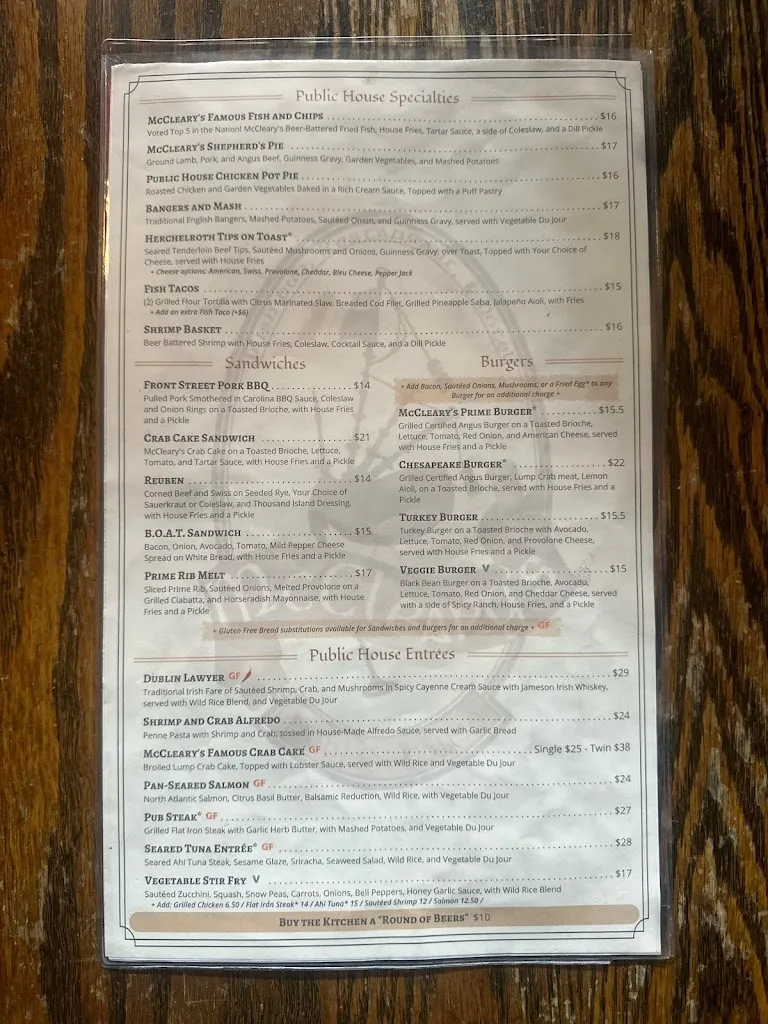 Menu_McCleary's Pub_Marietta, PA_image_old_2
