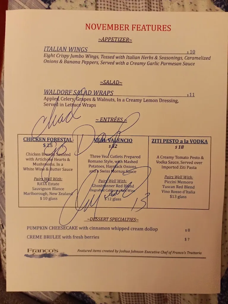 Menu_Franco's Trattoria_Canonsburg, PA_image_old_1