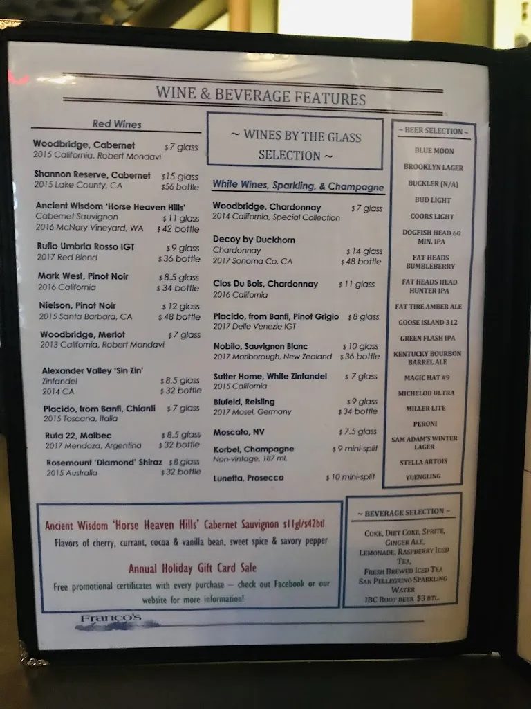 Menu_Franco's Trattoria_Canonsburg, PA_image_old_2