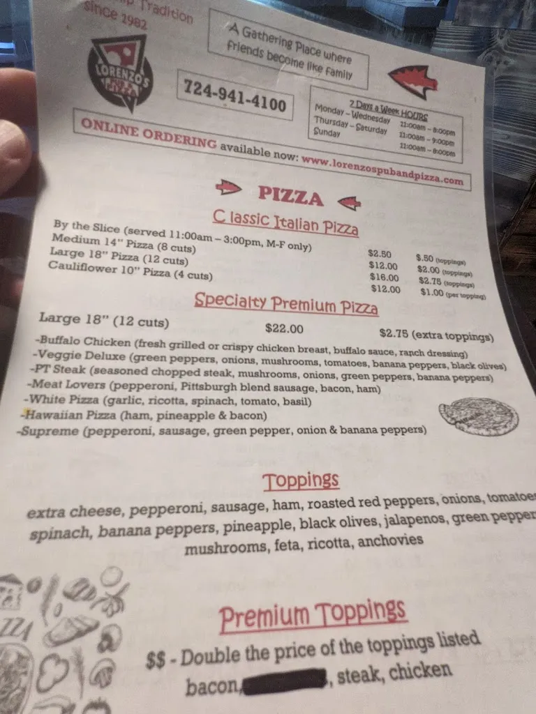 Menu_Lorenzo's Pub and Pizza_McMurray, PA_image_old_2
