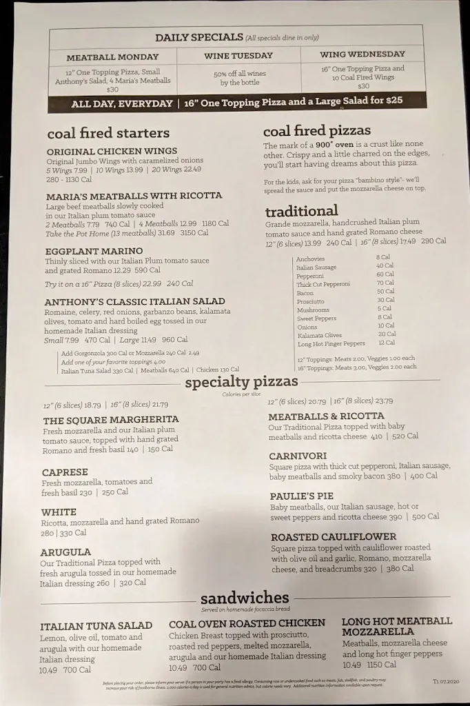 Menu_Anthony's Coal Fired Pizza & Wings_McMurray, PA_image_old_1