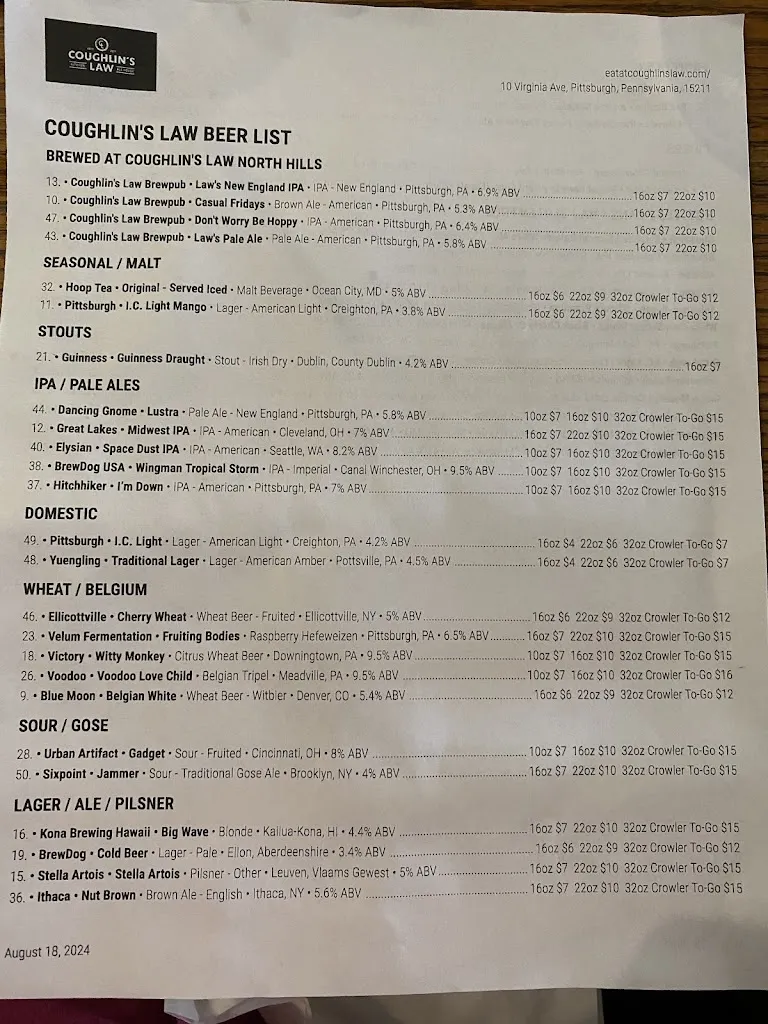 Menu_Coughlin's Law Kitchen and Ale House_Pittsburgh, PA_image_old_2