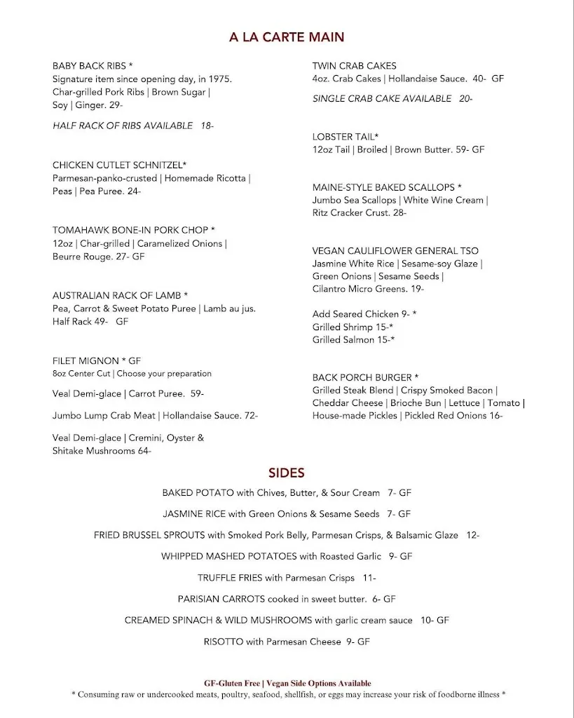 Menu_The Back Porch Restaurant_Belle Vernon, PA_image_old_1