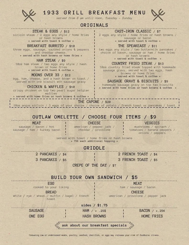Menu_1933 Grill_Belle Vernon, PA_image_old_1