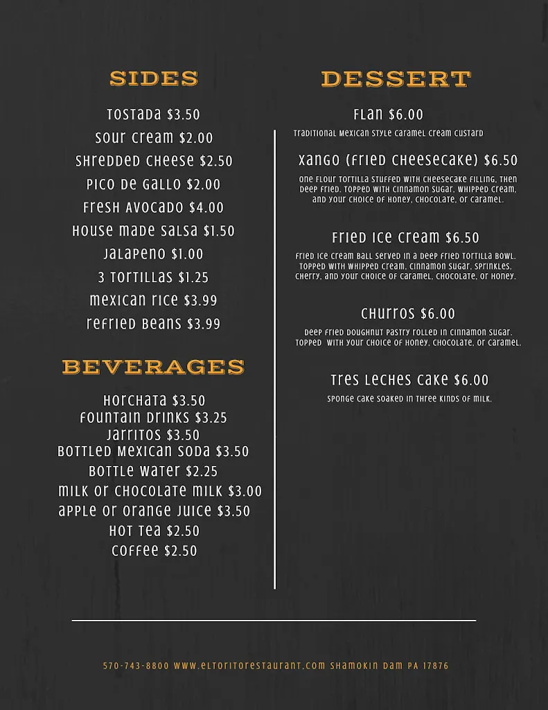 Menu_El Torito Mexican Restaurant_Shamokin Dam, PA_image_old_1