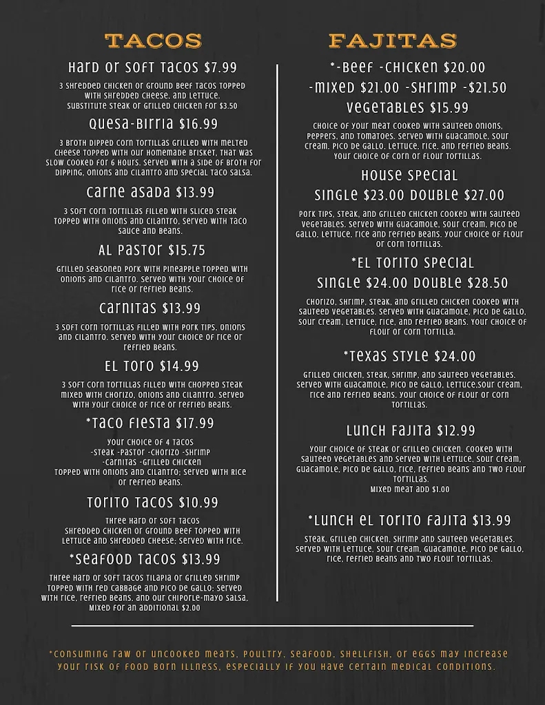 Menu_El Torito Mexican Restaurant_Shamokin Dam, PA_image_old_3