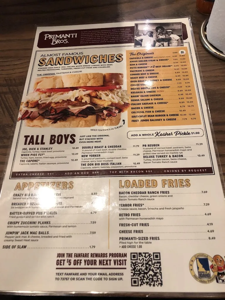 Menu_Primanti Bros. Restaurant and Bar_North Versailles Township, PA_image_old_2