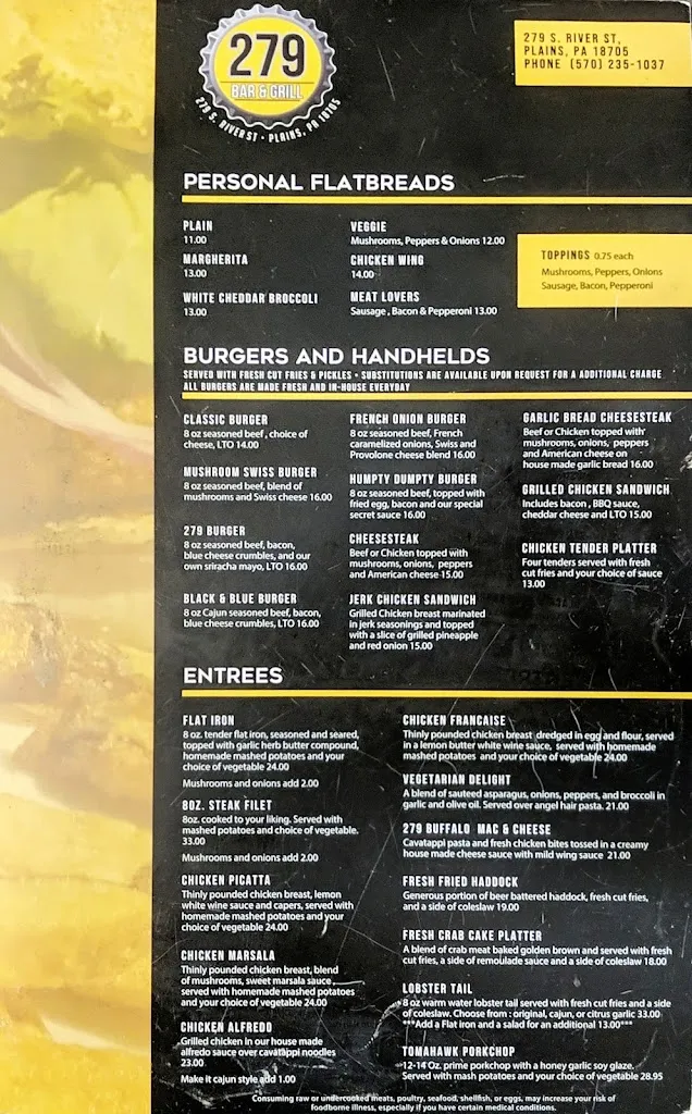 Menu_279 Bar & Grill_Wilkes-Barre, PA_image_old_1