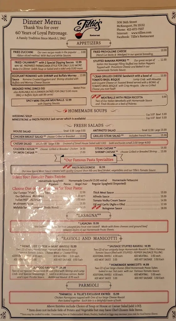 Menu_Tillie's Restaurant_McKeesport, PA_image_old_3