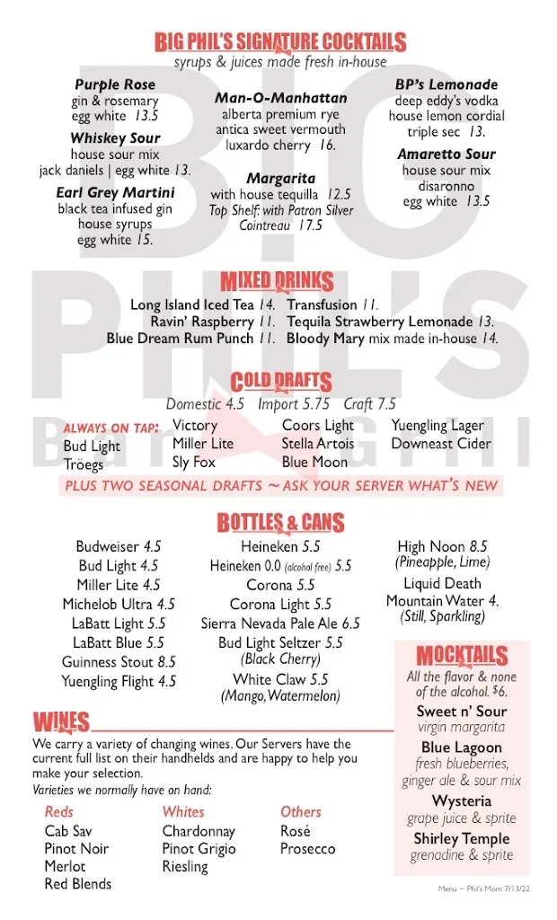 Menu_Big Phil's Bar & Grill_Pottstown, PA_image_old_1