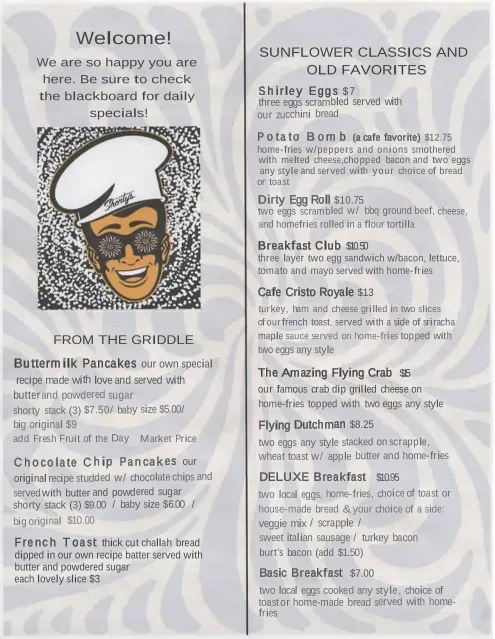 Menu_Shorty's Sunflower Cafe_Pottstown, PA_image_old_1