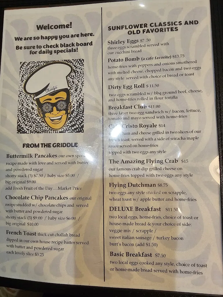 Menu_Shorty's Sunflower Cafe_Pottstown, PA_image_old_3
