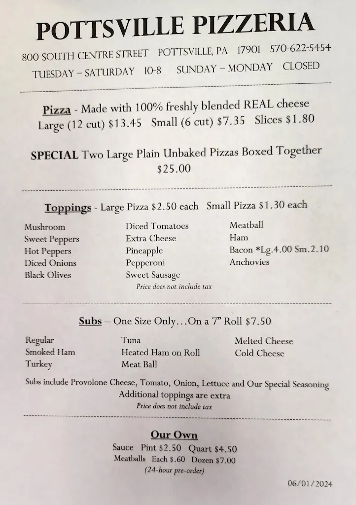 Menu_Pottsville Pizzeria_Pottsville, PA_image_old_1