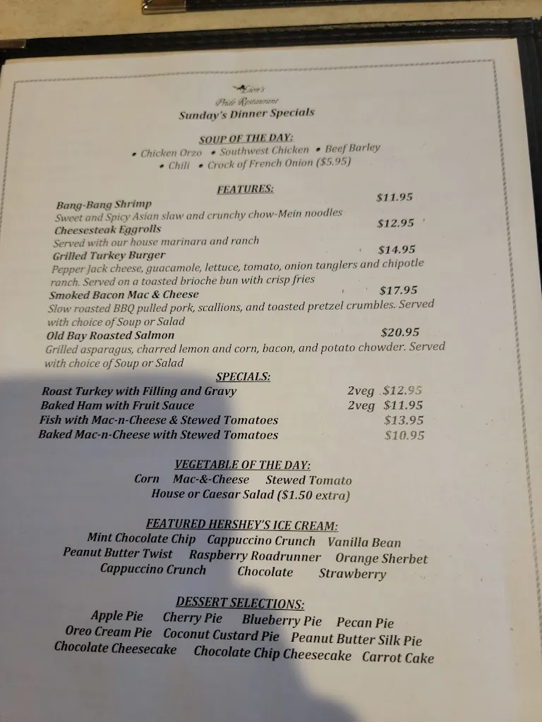 Menu_Lion's Pride Restaurant_Red Lion, PA_image_old_3