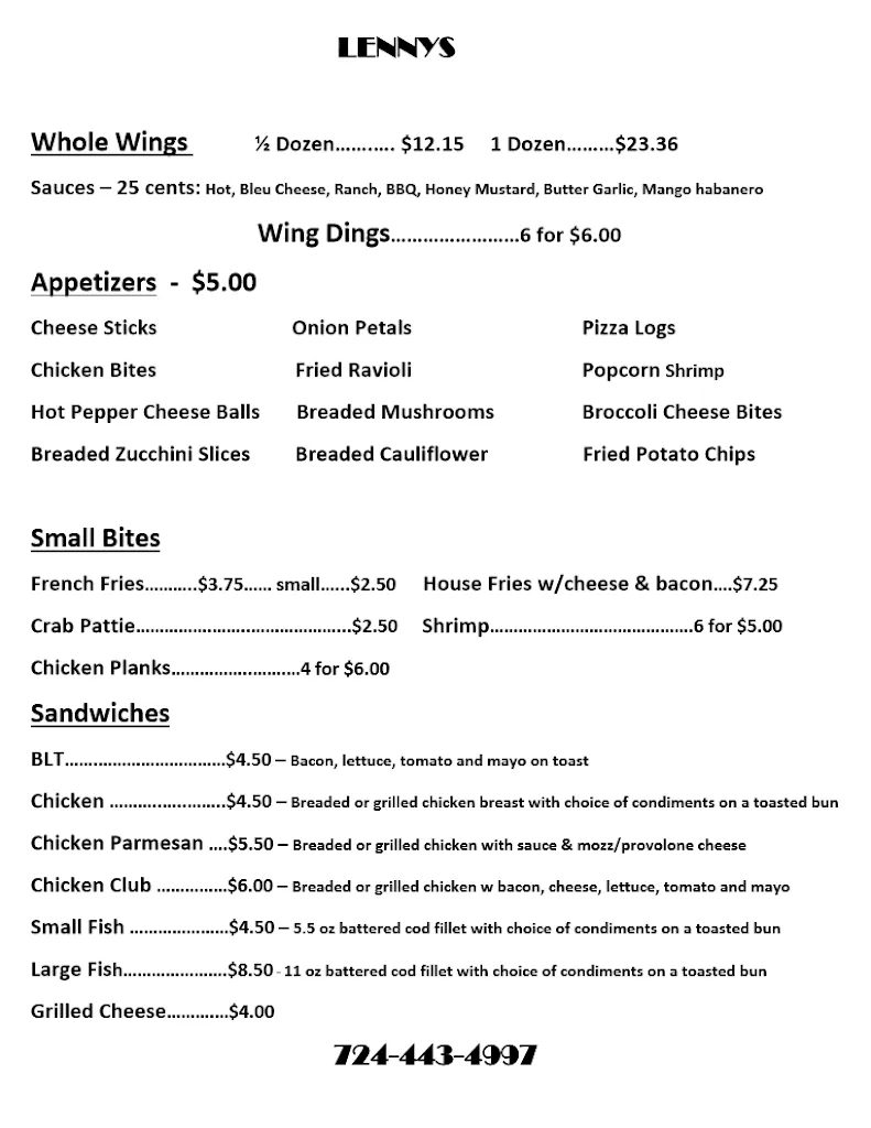 Menu_Lenny's Bar_Gibsonia, PA_image_old_1