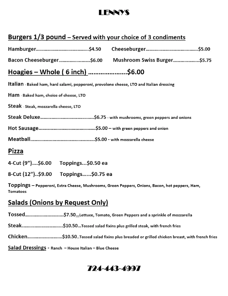 Menu_Lenny's Bar_Gibsonia, PA_image_old_2