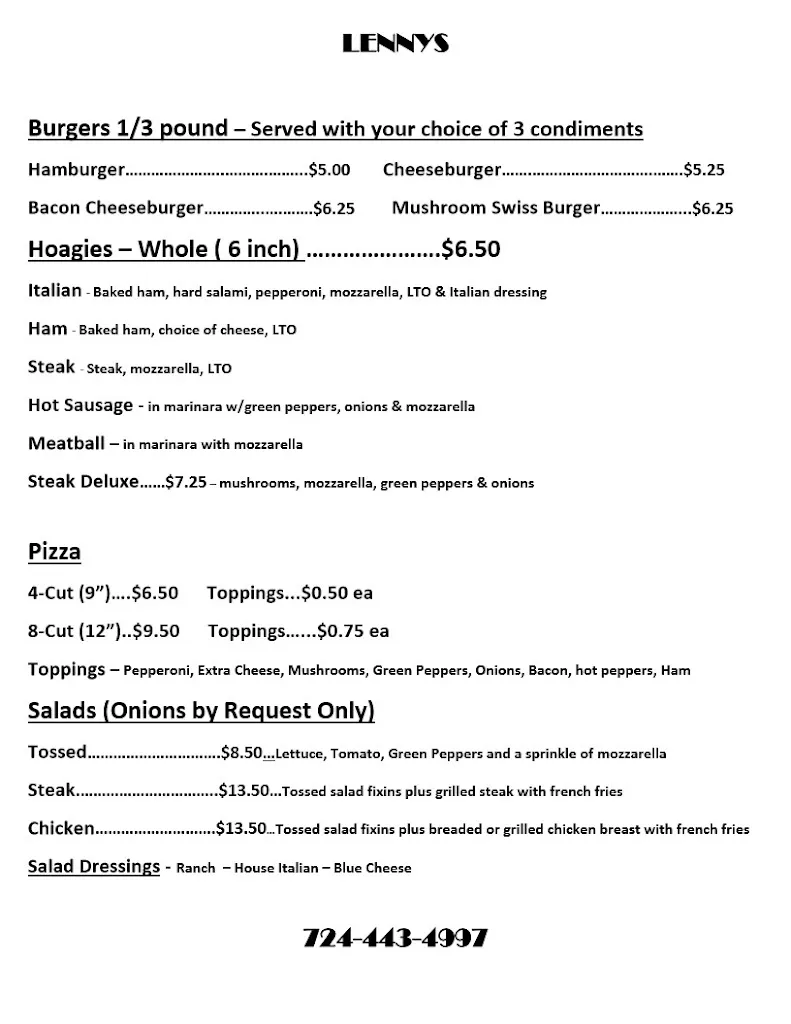 Menu_Lenny's Bar_Gibsonia, PA_image_old_3