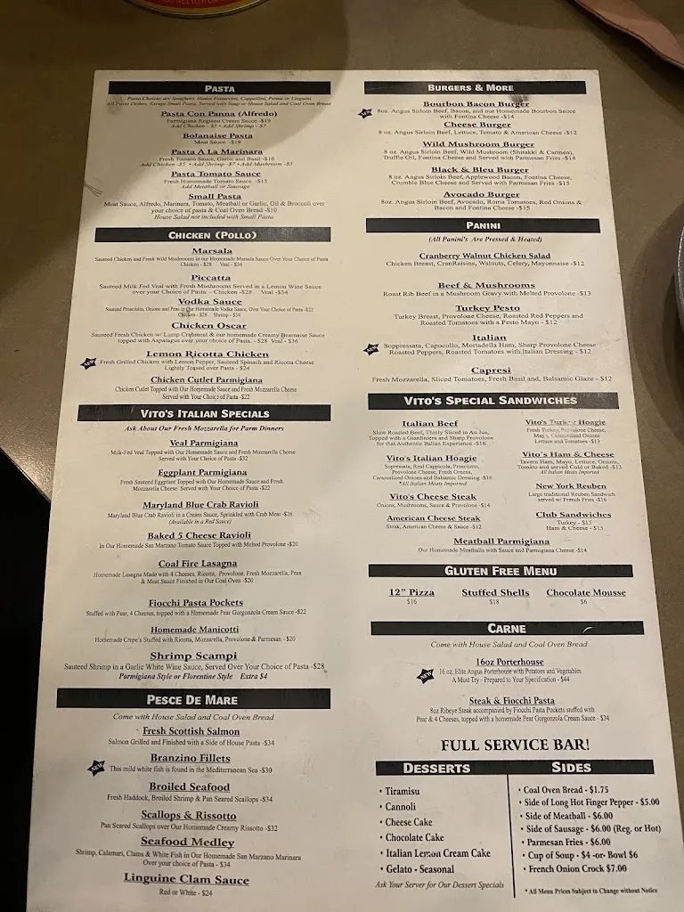 Menu_Vito's Coal Fired Pizza & Restaurant_St Clair, PA_image_old_1