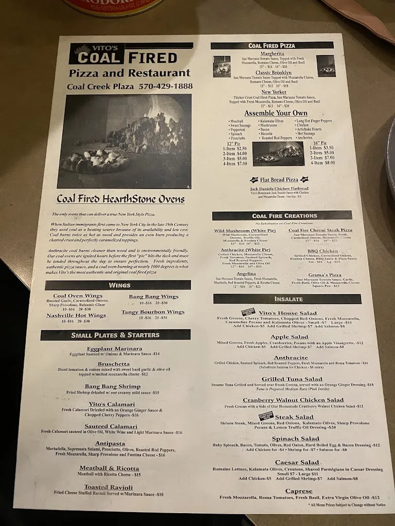 Menu_Vito's Coal Fired Pizza & Restaurant_St Clair, PA_image_old_2