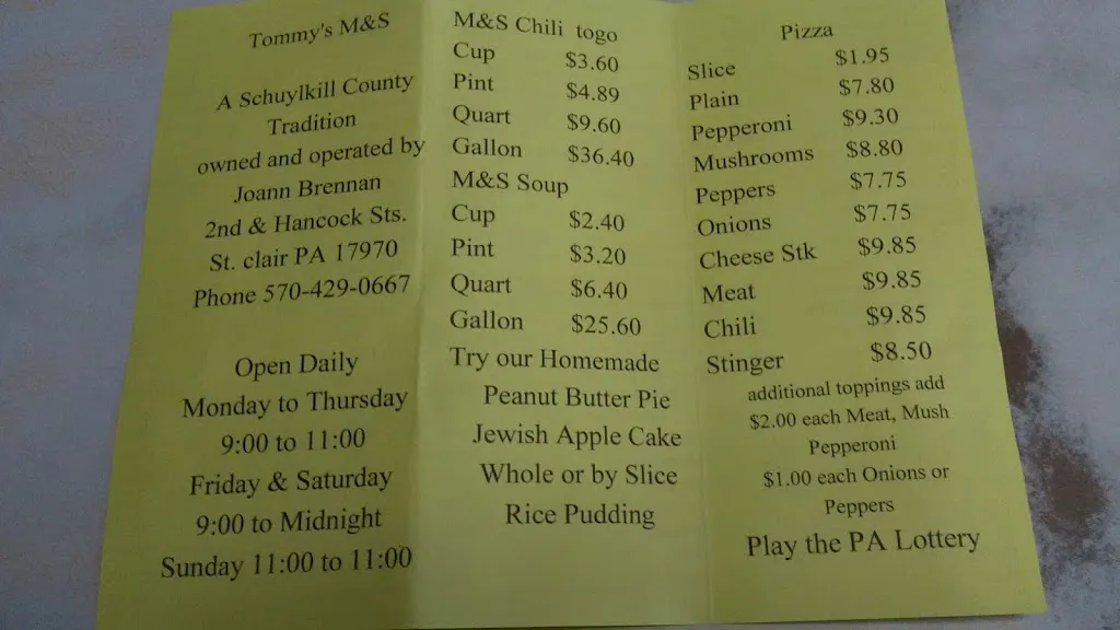 Menu_Tommy's M & S Lunch_St Clair, PA_image_old_1