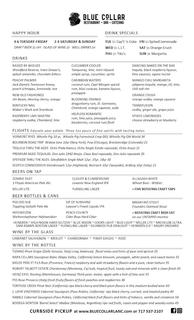Menu_Blue Collar Restaurant, Bar & Catering_Landisville, PA_image_old_1