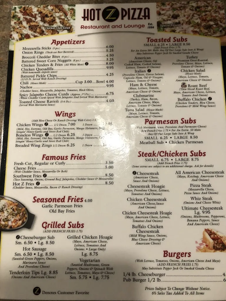 Menu_Hot Z Pizza_Landisville, PA_image_old_1