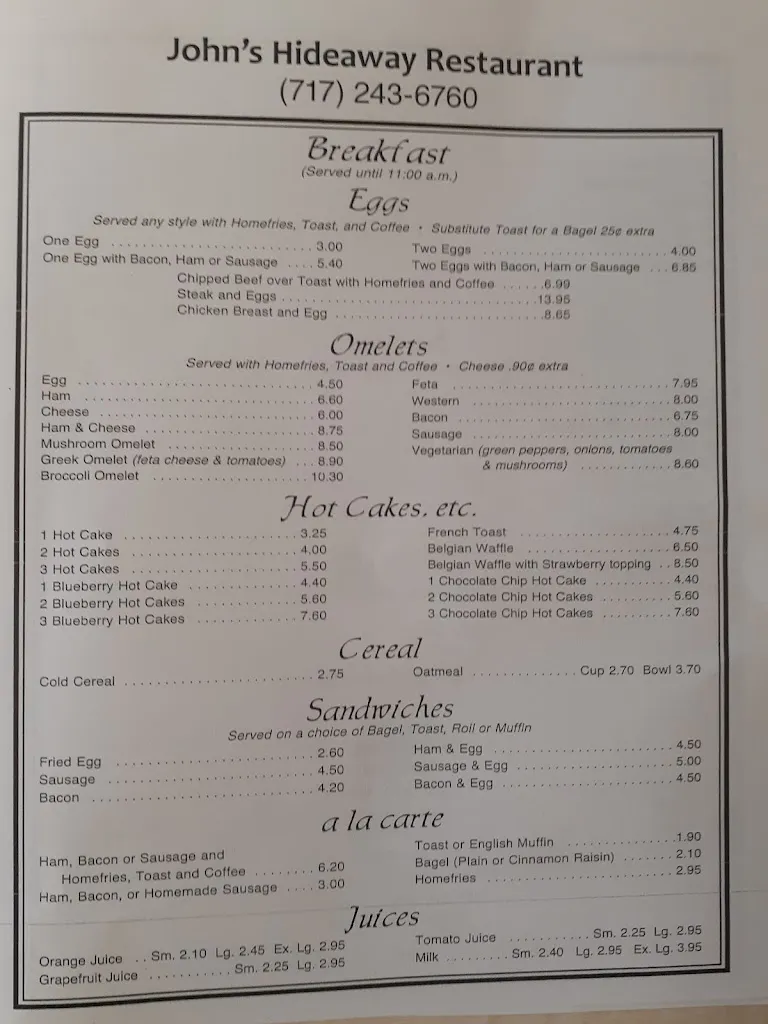 Menu_John's Hideaway Restaurant_Carlisle, PA_image_old_3