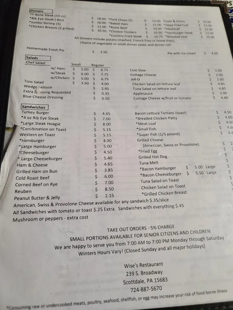 Menu_Wise's Restaurant_Scottdale, PA_image_old_3