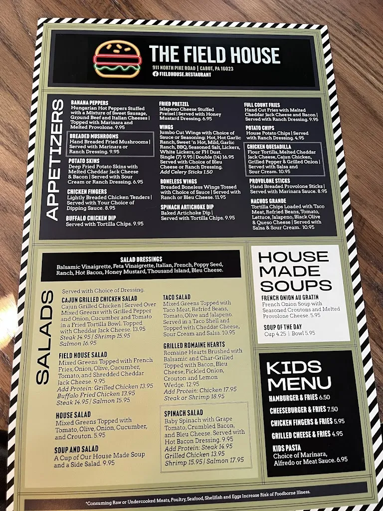 Menu_Field house Restaurant_Cabot, PA_image_old_1