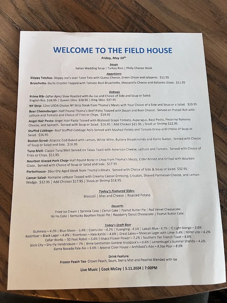 Menu_Field house Restaurant_Cabot, PA_image_old_3